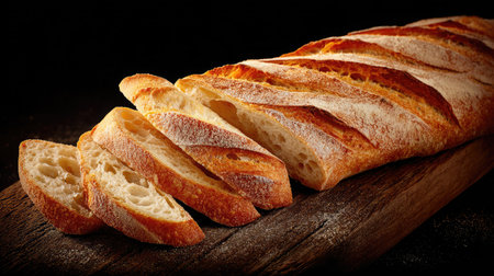 Toasted baguette slices with sharp crust edges and a soft center placed neatlyの素材