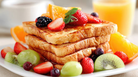 Stack of warm toast on a breakfast tray with sliced fruit in backgroundの素材