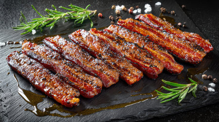 Strips of bacon served on black slate with oil streaks and garnish for contrastの素材