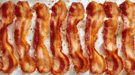 Uniform rows of crispy bacon laid out with grease marks and curling endsの素材