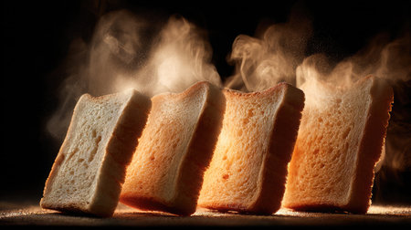 Toast slices leaning against each other with steam rising under warm natural lightの素材