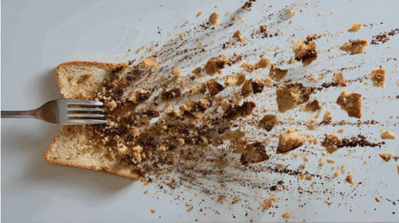 Toast presented in abstract fashion with artistic arrangement of crumbs and crustsの素材