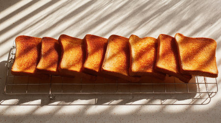 Sliced toast cooling on wire rack with soft overhead lighting and natural shadowsの素材