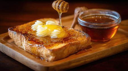 Warm toast placed beside butter curls and a drizzle of honey on a wooden trayの素材