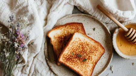 Two slices of toast on a ceramic plate beside a small bowl of honey and herbsの素材