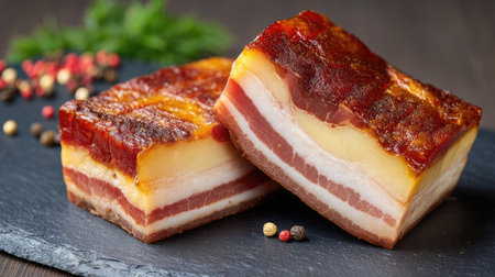 Thick-cut bacon with extra crisp edges and marbled fat displayed on a slate boardの素材
