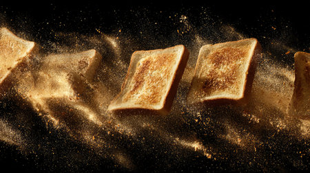 Toast presented in abstract fashion with artistic arrangement of crumbs and crustsの素材