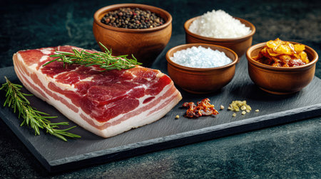 Thick-cut bacon with extra crisp edges and marbled fat displayed on a slate boardの素材