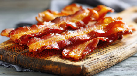 Slices of crisp bacon laid out on a sandwich board with visible crackle textureの素材
