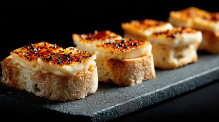 Toast pieces on slate board with a focus on crust detail and burnt tipsの素材