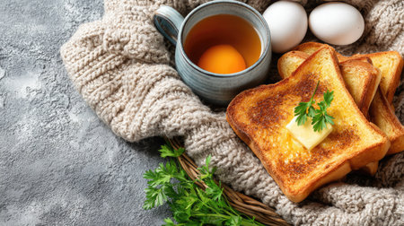 Toast ready to be served on a breakfast plate with no other food items presentの素材