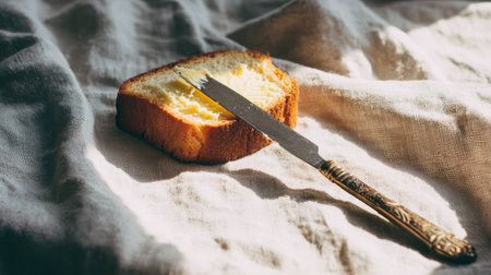 Toast with golden crust placed on a linen cloth beside a vintage butter knifeの素材
