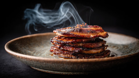 Stack of crispy bacon slices on a rustic ceramic plate with smoke rising and oil glisteningの素材