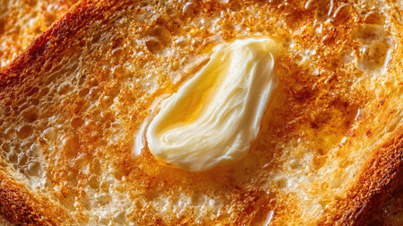 Toast slice with butter curl melting slowly, close-up from top downの素材