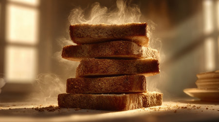 Toast slices leaning against each other with steam rising under warm natural lightの素材