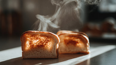 Toast slices leaning against each other with steam rising under warm natural lightの素材