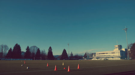 Training field with cones and ball set up for drills under clear skyの素材