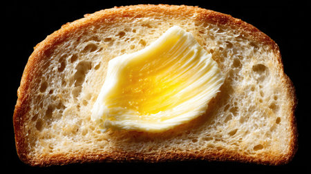 Toast slice with butter curl melting slowly, close-up from top downの素材