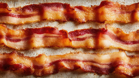 Uniform rows of crispy bacon laid out with grease marks and curling endsの素材