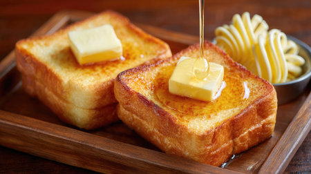 Warm toast placed beside butter curls and a drizzle of honey on a wooden trayの素材