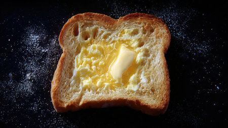 Toast half-covered in butter with rich melting texture captured from aboveの素材
