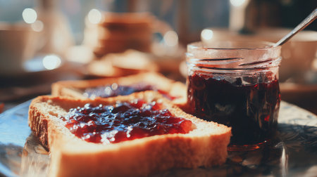 Toast with jagged crispy edges beside an empty jam jar on a breakfast tableの素材