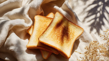 Toast slices resting next to each other on a picnic cloth with natural daylightの素材