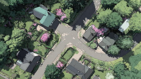 Top-down angle of a village crossroads, forming a Y-shape among houses and gardensの素材