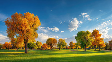Autumn trees surrounding a peaceful fairway beneath crisp blue skies and white cloudsの素材