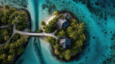 Aerial image of an island village with a forked path surrounded by palm trees and hutsの素材