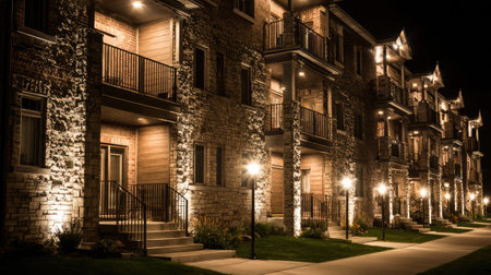 Luxury townhouse complex with stone facade, balconies, and upscale exterior lightingの素材