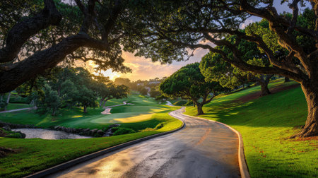 A winding golf path under arching tree branches with golden evening sky in the distanceの素材