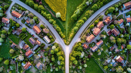 A small village built around a forked road network with symmetrical plots of landの素材