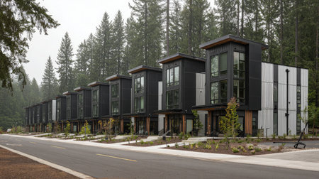 Modern townhouses lined up along a quiet tree-lined street with overcast skiesの素材