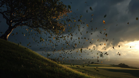 Wind blowing through tree leaves on the edge of a quiet golf course beneath a glowing skyの素材