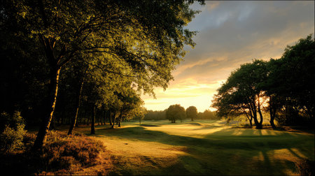 A quiet golf course at sunset with golden light illuminating the trees and open green spaceの素材