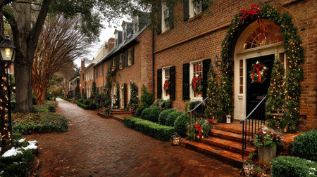 Brick townhouses with seasonal decorations on doors and well-kept gardensの素材