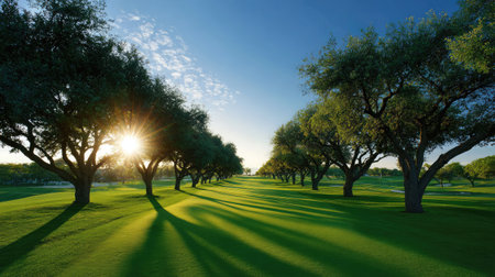 A sunlit fairway with symmetrical tree borders and a vast clear skyの素材