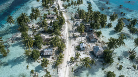 Aerial image of an island village with a forked path surrounded by palm trees and hutsの素材