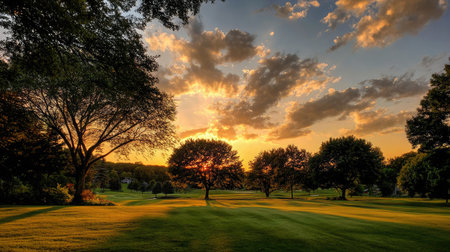 A tranquil golf course landscape under a soft sunset sky with scattered clouds and tree silhouettesの素材
