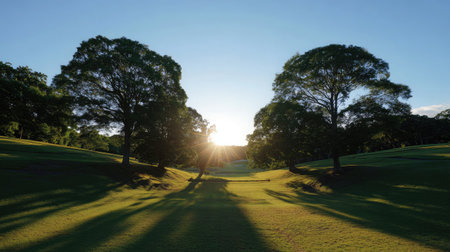 A sunlit fairway with symmetrical tree borders and a vast clear skyの素材