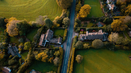 Village settlement with a forked asphalt road framed by hedges, fields, and rooftopsの素材