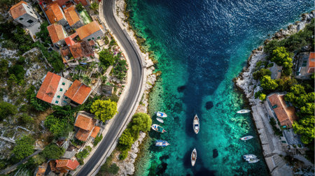 Forked road in a coastal village seen from above with boats nearby and clustered homesの素材