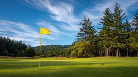 A lone golf flag surrounded by tall trees and a panoramic sky view with wispy cloudsの素材