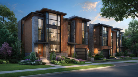 Modern townhouses with vertical window strips and wood accentsの素材