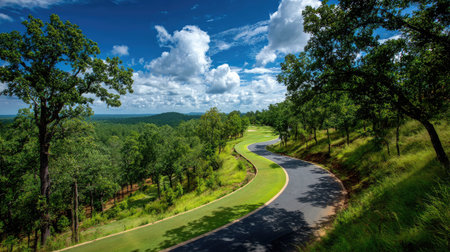 Curved golf cart path winding through trees with a wide view of the fairway and skyの素材