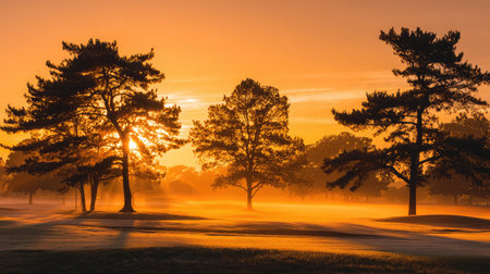 Backlit trees lining the course during sunrise with golden sky and morning fogの素材