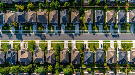 Aerial view of suburban townhouses in perfect rows with manicured lawns and clean streetsの素材