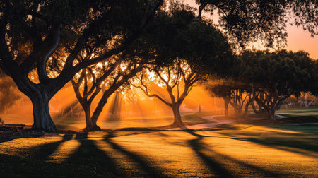 Backlit trees lining the course during sunrise with golden sky and morning fogの素材