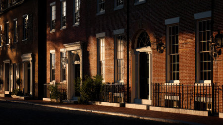 Early morning light illuminating the brick walls of uniform townhouse structuresの素材